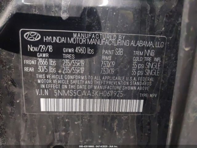 5NMS5CAA3KH067925 Hyundai Santa Fe Ultimate 2.0t