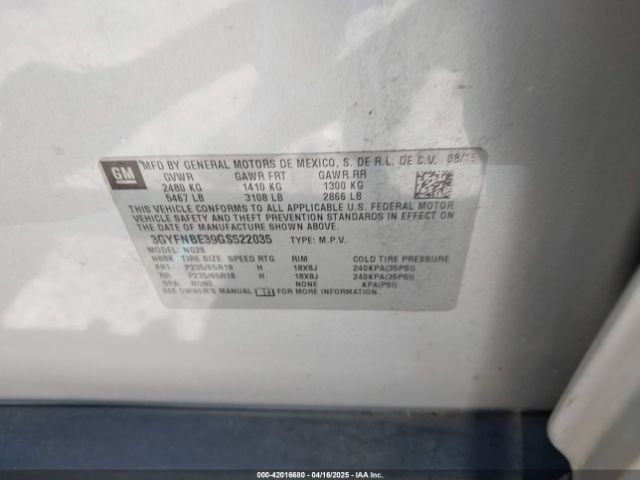 3GYFNBE39GS522035 Cadillac Srx Luxury Collection