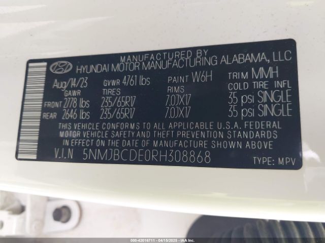 5NMJBCDE0RH308868 Hyundai TUCSON SEL