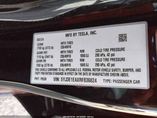 5YJ3E1EAXRF836824 Tesla MODEL 3