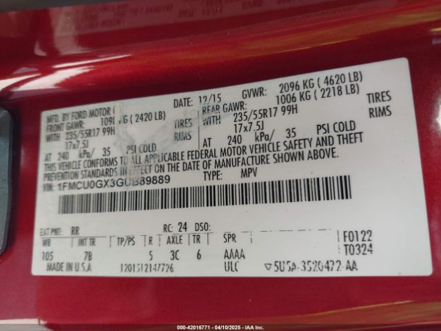 1FMCU0GX3GUB89889 Ford ESCAPE SE