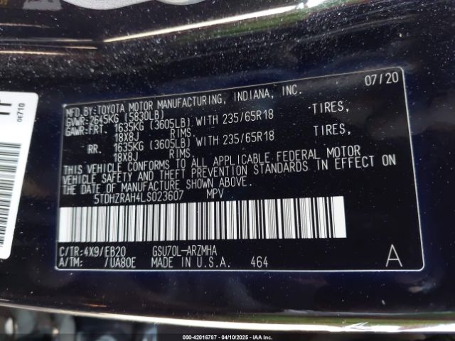 5TDHZRAH4LS023607 Toyota Highlander Xle