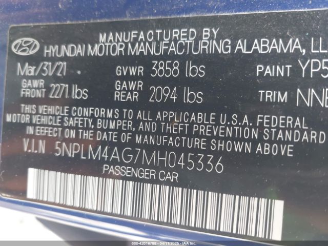 5NPLM4AG7MH045336 Hyundai ELANTRA SEL