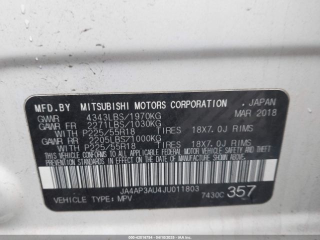 JA4AP3AU4JU011803 Mitsubishi Outlander Sport 2.0 Le