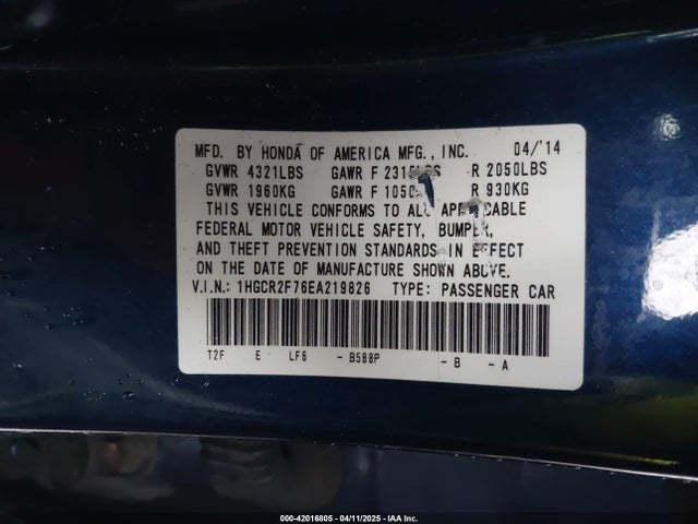 Honda ACCORD EX 2014 1HGCR2F76EA219826 Image 9
