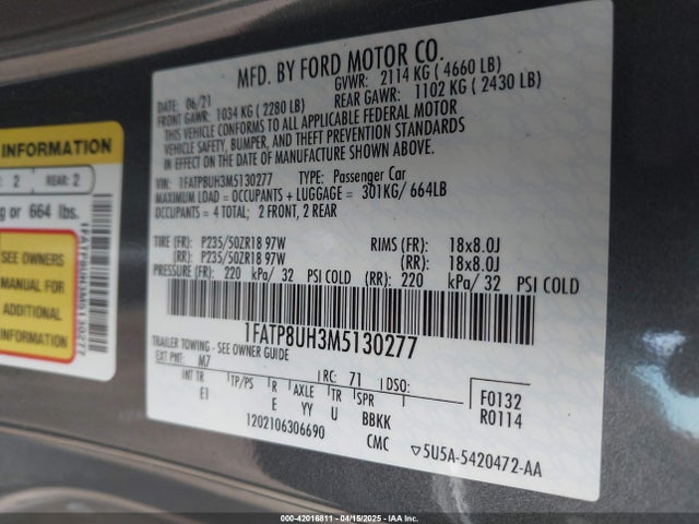 1FATP8UH3M5130277 Ford Mustang Ecoboost Premium