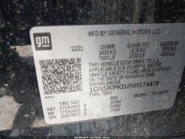 1GNSKPKD2NR174478 Chevrolet Tahoe 4wd Z71