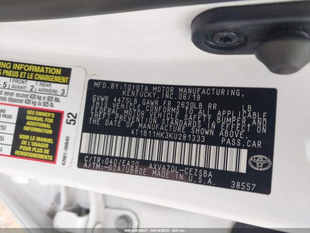 4T1B11HK3KU281333 Toyota CAMRY SE