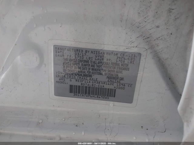 3N1CN7AP6HL869285 Nissan Versa 1.6 Sv