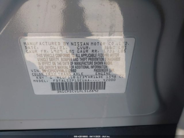 3N1CP5CV1ML512892 Nissan Kicks Sv Xtronic Cvt