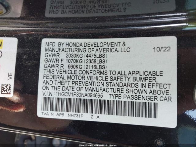 2022 HONDA ACCORD 1HGCV1F30NA094695 Photo 8