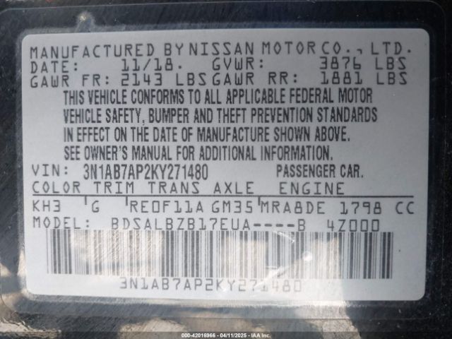 3N1AB7AP2KY271480 Nissan SENTRA S