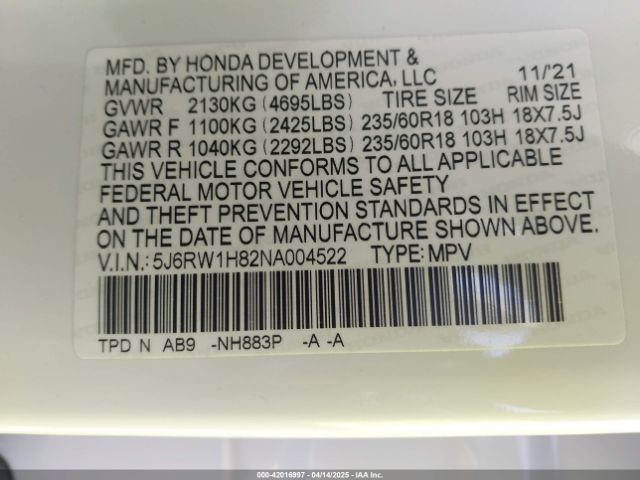 5J6RW1H82NA004522 Honda Cr-v 2wd Ex-l