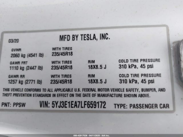 5YJ3E1EA7LF659172 Tesla Model 3 Standard Range Plus Rear-wheel Drive/standard Range Rear-wheel Drive