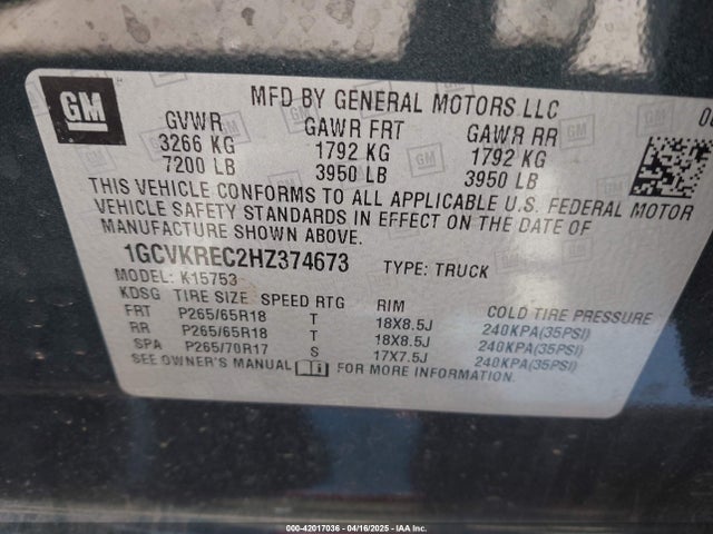 1GCVKREC2HZ374673 Chevrolet Silverado 1500 2lt