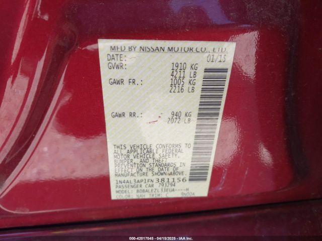 1N4AL3AP1FN381156 Nissan Altima 2.5 S