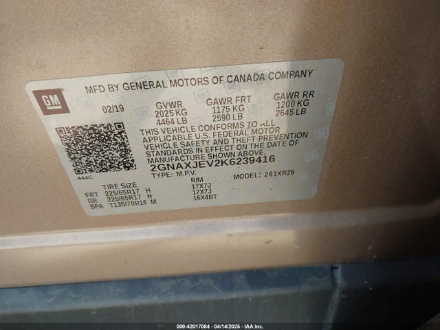 2GNAXJEV2K6239416 Chevrolet EQUINOX LT