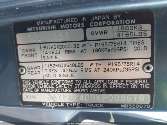 1989 MITSUBISHI MIGHTY MAX / S JA7FL24D9KP008678 Photo 8