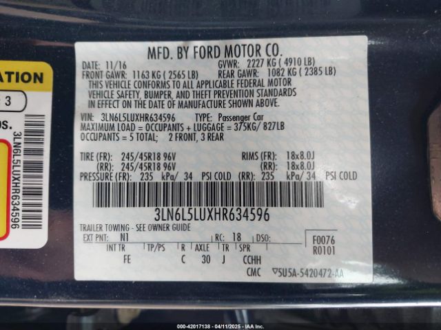 3LN6L5LUXHR634596 Lincoln Mkz Hybrid Select