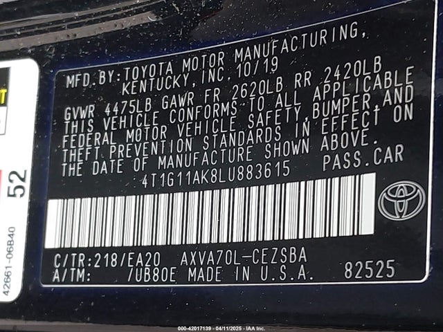 4T1G11AK8LU883615 Toyota CAMRY SE