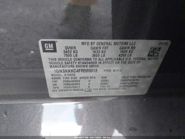 1GNSKKKC4FR589913 Chevrolet Suburban 1500 Ltz