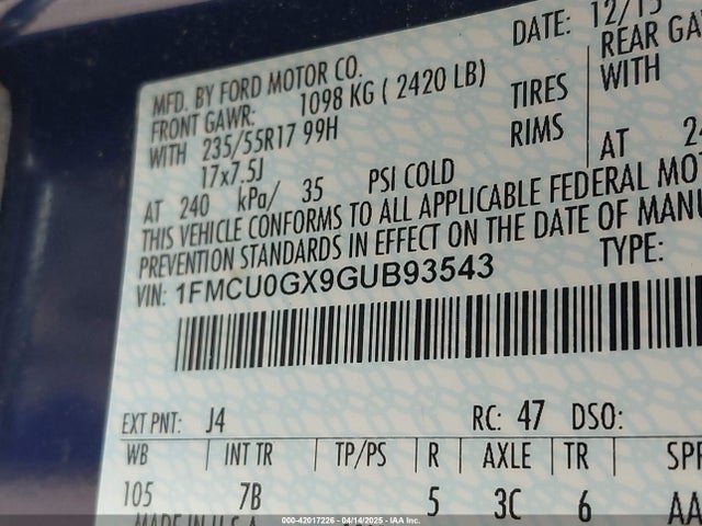 1FMCU0GX9GUB93543 Ford ESCAPE SE