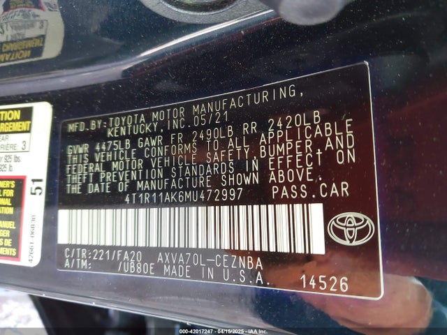 4T1R11AK6MU472997 Toyota CAMRY LE