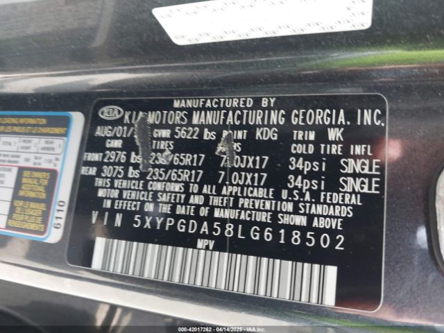 5XYPGDA58LG618502 KIA Sorento 3.3l Lx