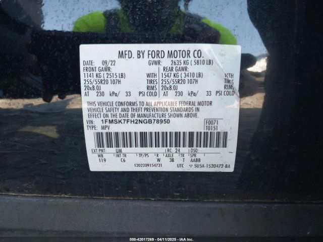 1FMSK7FH2NGB78950 Ford Explorer Limited
