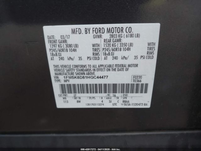 1FM5K8D81HGC44477 Ford EXPLORER XLT