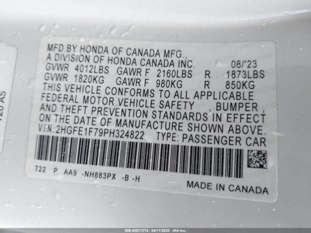 2HGFE1F79PH324822 Honda Civic Ex /ex W/o Bsi
