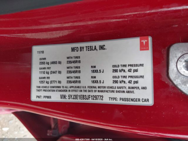 5YJ3E1EB3JF129772 Tesla Model 3 Long Range/performance