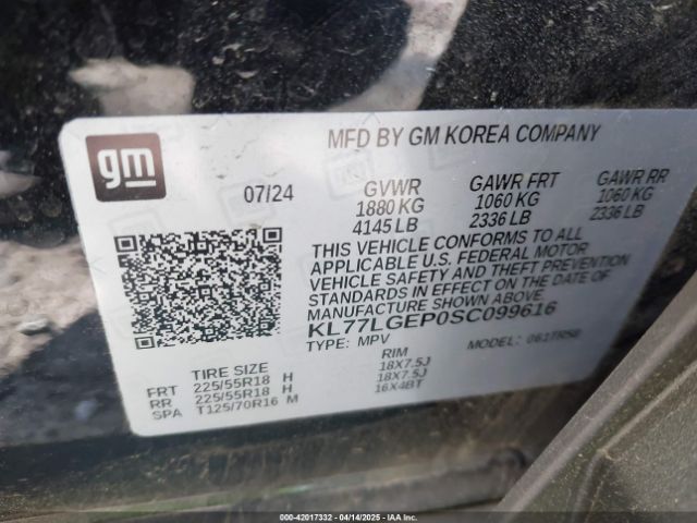 KL77LGEP0SC099616 Chevrolet Trax Fwd 1rs