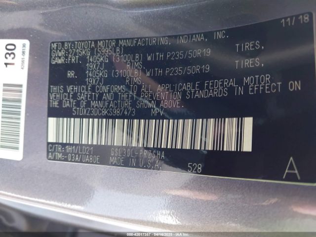 5TDXZ3DC8KS987473 Toyota Sienna Se Premium 8 Passenger