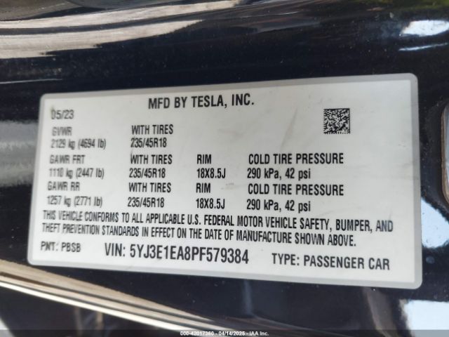 5YJ3E1EA8PF579384 Tesla Model 3 Rear-wheel Drive