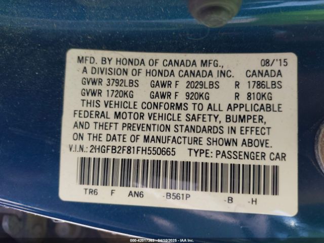 2HGFB2F81FH550665 Honda CIVIC EX