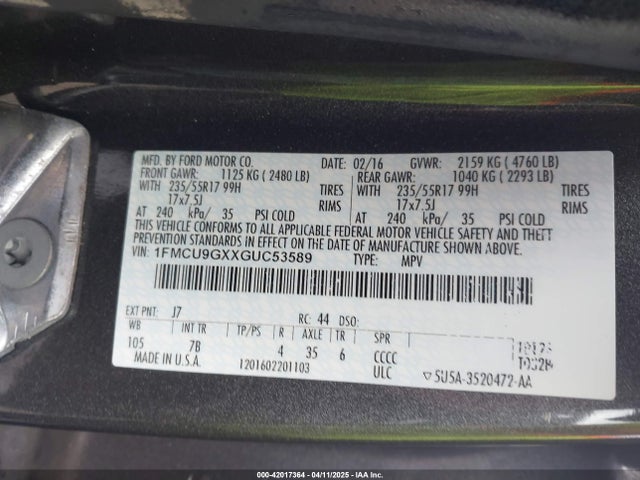 1FMCU9GXXGUC53589 Ford ESCAPE SE