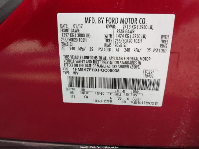 1FM5K7FHXHGC09038 Ford Explorer Limited