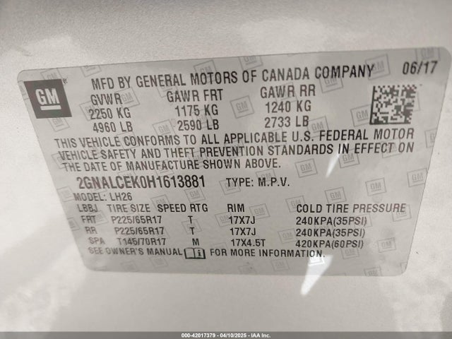 Chevrolet EQUINOX LT 2017 2GNALCEK0H1613881 Image 9