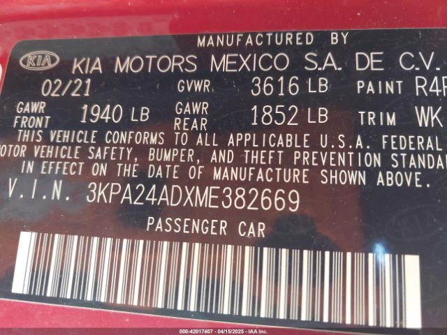 3KPA24ADXME382669 KIA RIO S