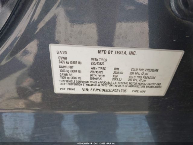 5YJYGDEE3LF021795 Tesla 2020