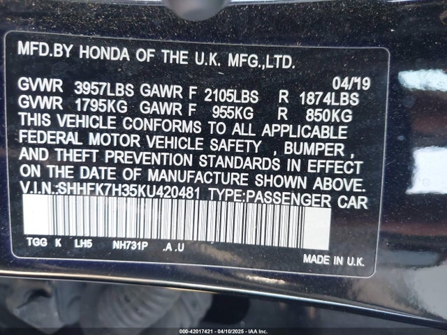 SHHFK7H35KU420481 Honda Civic Lx