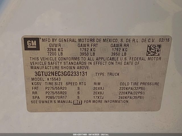 3GTU2NEC3GG233131 GMC Sierra 1500 Slt