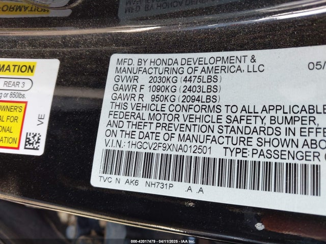 1HGCV2F9XNA012501 Honda k20c4
