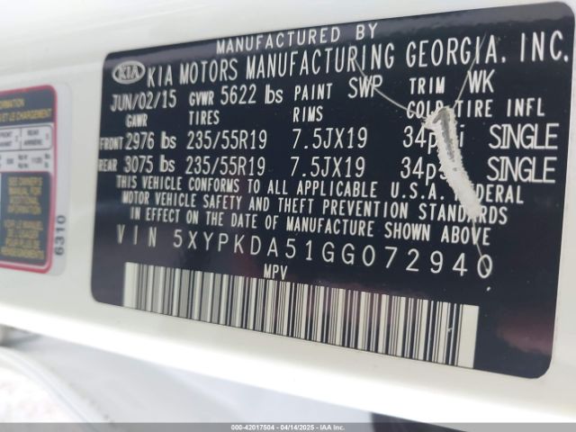 5XYPKDA51GG072940 KIA Sorento 3.3l Sx