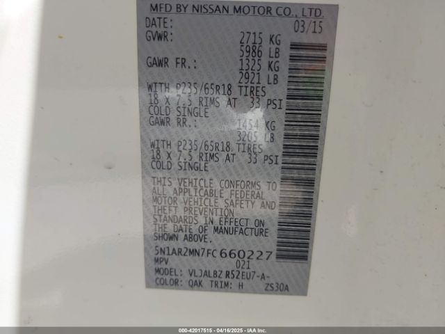 5N1AR2MN7FC660227 Nissan Pathfinder S