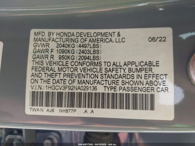 1HGCV3F92NA029136 Honda Accord Hybrid Touring