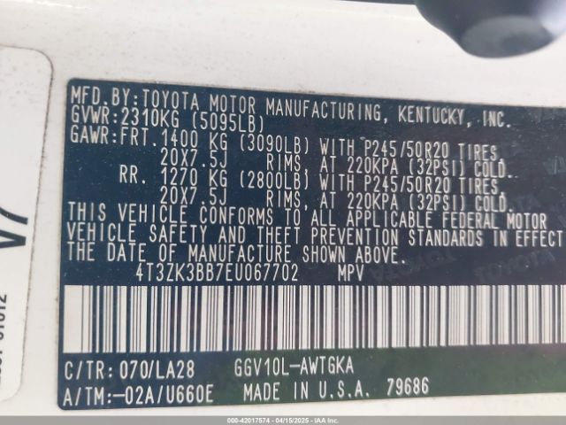 4T3ZK3BB7EU067702 Toyota Venza Xle V6