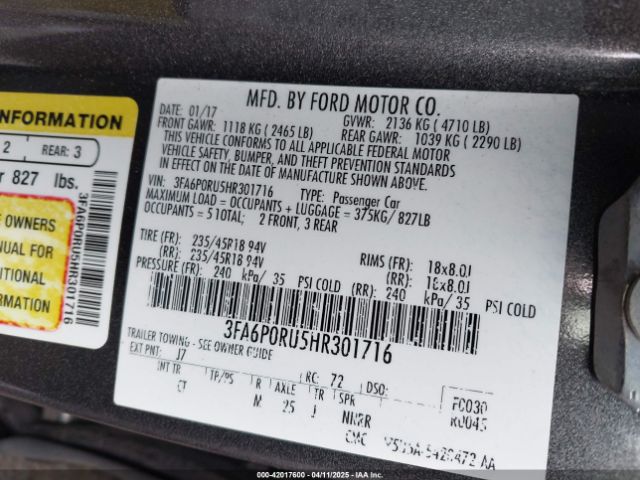 3FA6P0RU5HR301716 Ford Fusion Hybrid Titanium