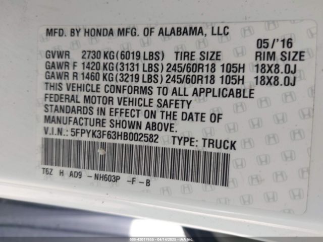 5FPYK3F63HB002582 Honda Ridgeline Rtl-t